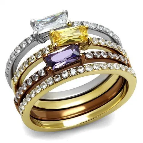 Three Tone IPÃ¯Â¼Ë†IP Gold & IP Light coffee & High Polished) Stainless Steel Ring with AAA Grade CZ in Multi Color for Women Style TK2960