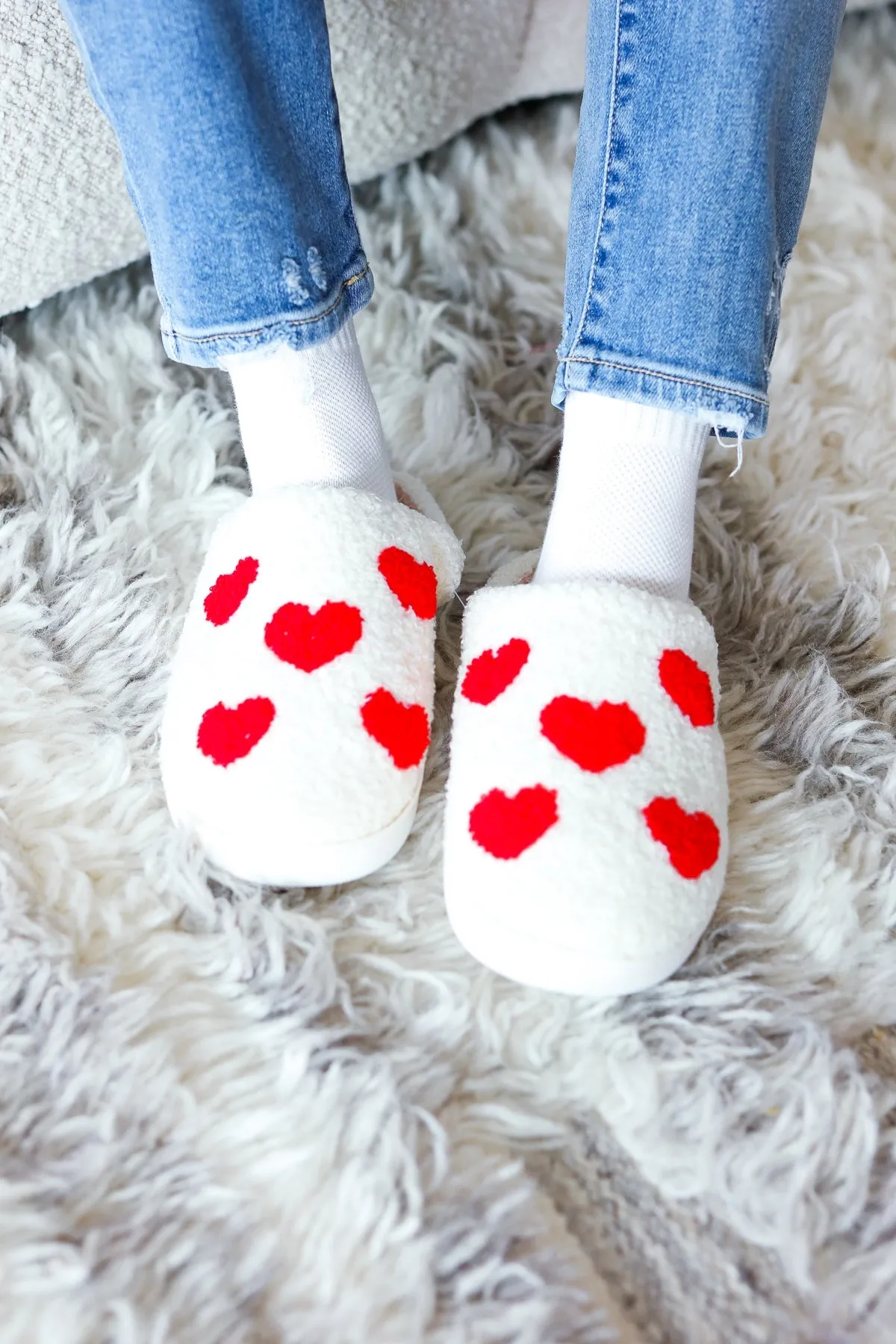 Valentines Heart Print Fleece Slippers