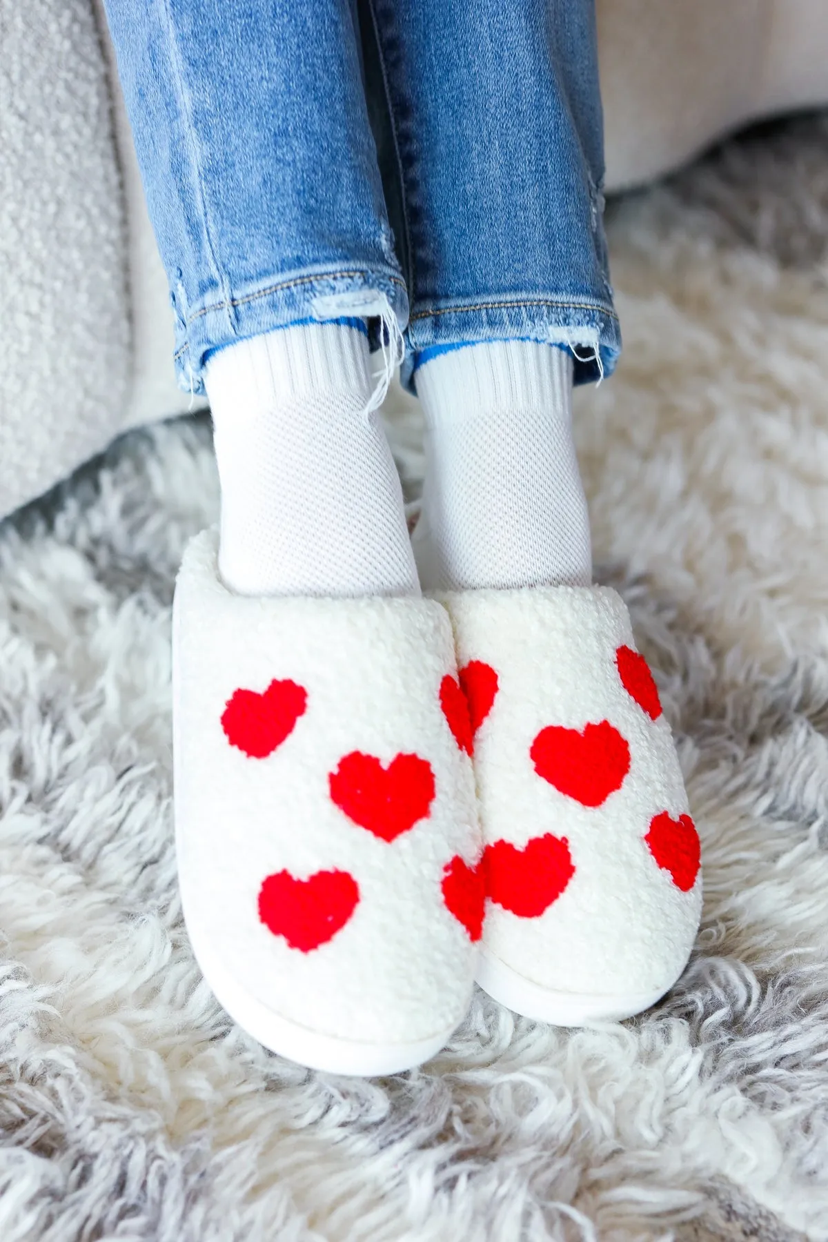 Valentines Heart Print Fleece Slippers