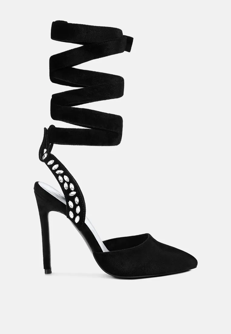 WALLIS Black Diamante Embellished Tie Up Stiletto Sandals