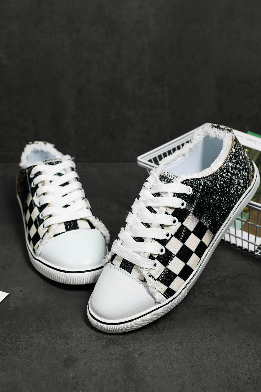 Women’s Canvas Low Top Sneaker Checkerboard Print Canvas Slip on Shoes Black-White