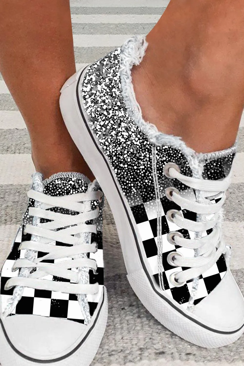 Women’s Canvas Low Top Sneaker Checkerboard Print Canvas Slip on Shoes Black-White