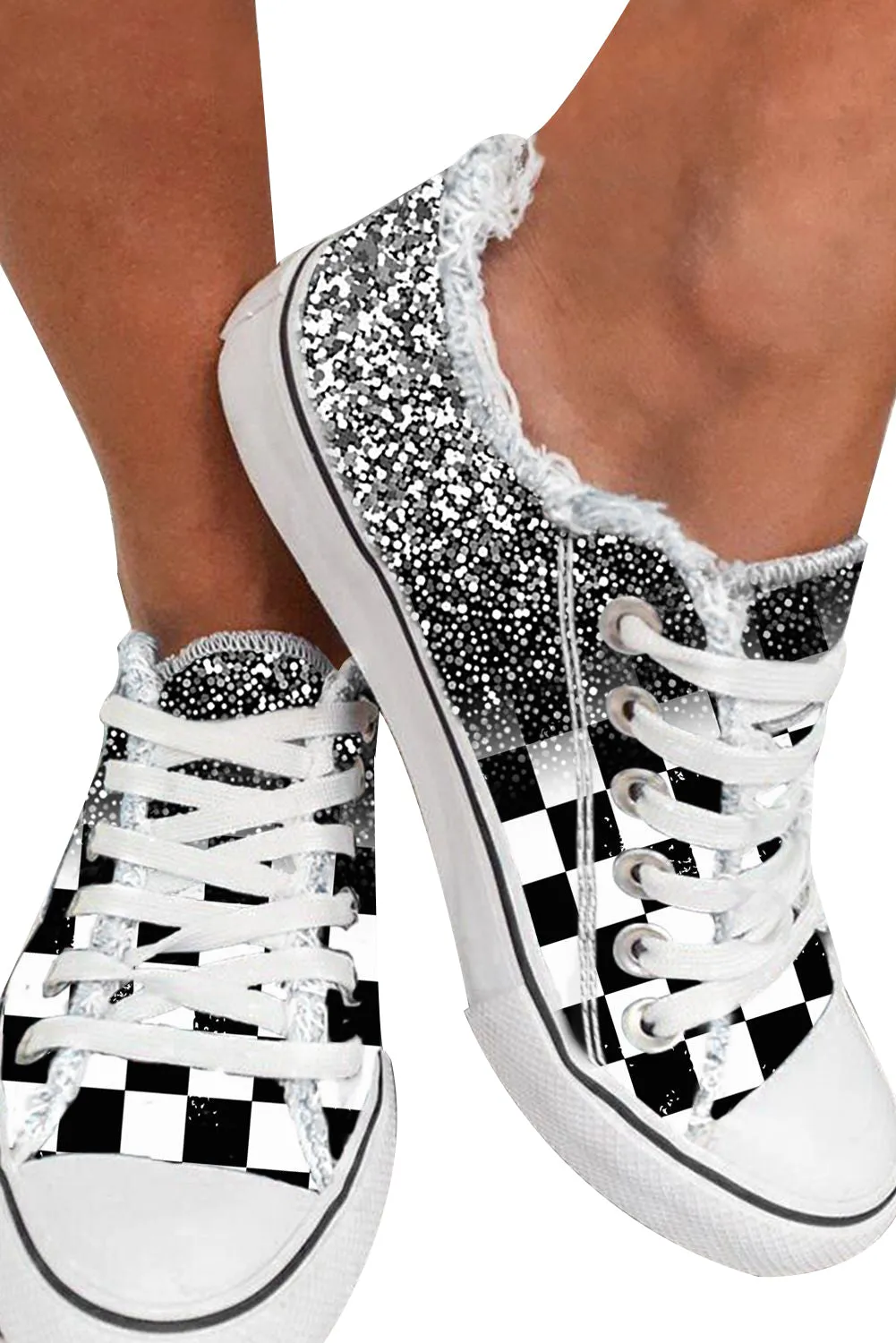 Women’s Canvas Low Top Sneaker Checkerboard Print Canvas Slip on Shoes Black-White