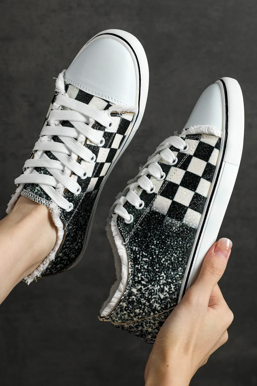 Women’s Canvas Low Top Sneaker Checkerboard Print Canvas Slip on Shoes Black-White