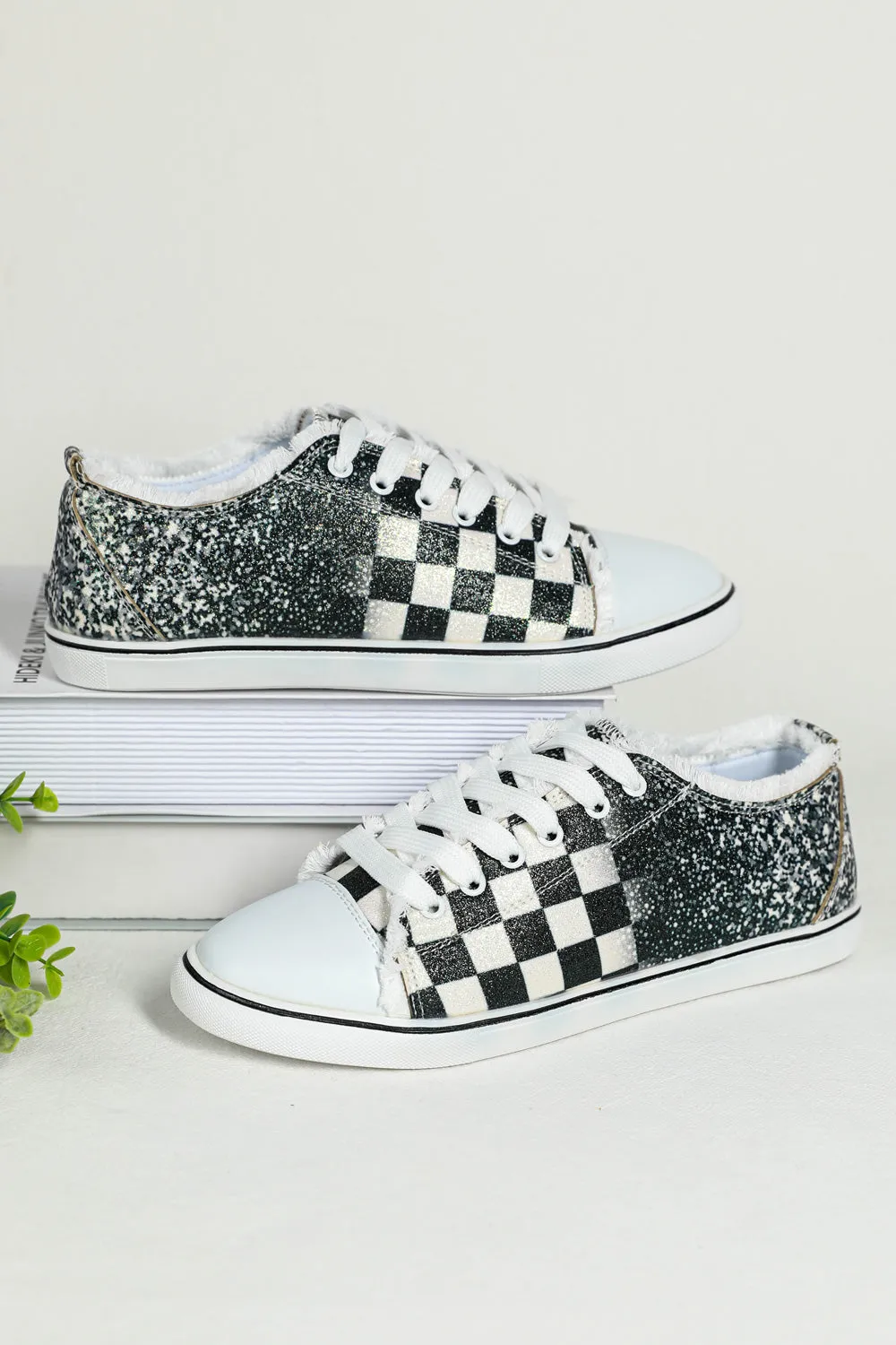 Women’s Canvas Low Top Sneaker Checkerboard Print Canvas Slip on Shoes Black-White