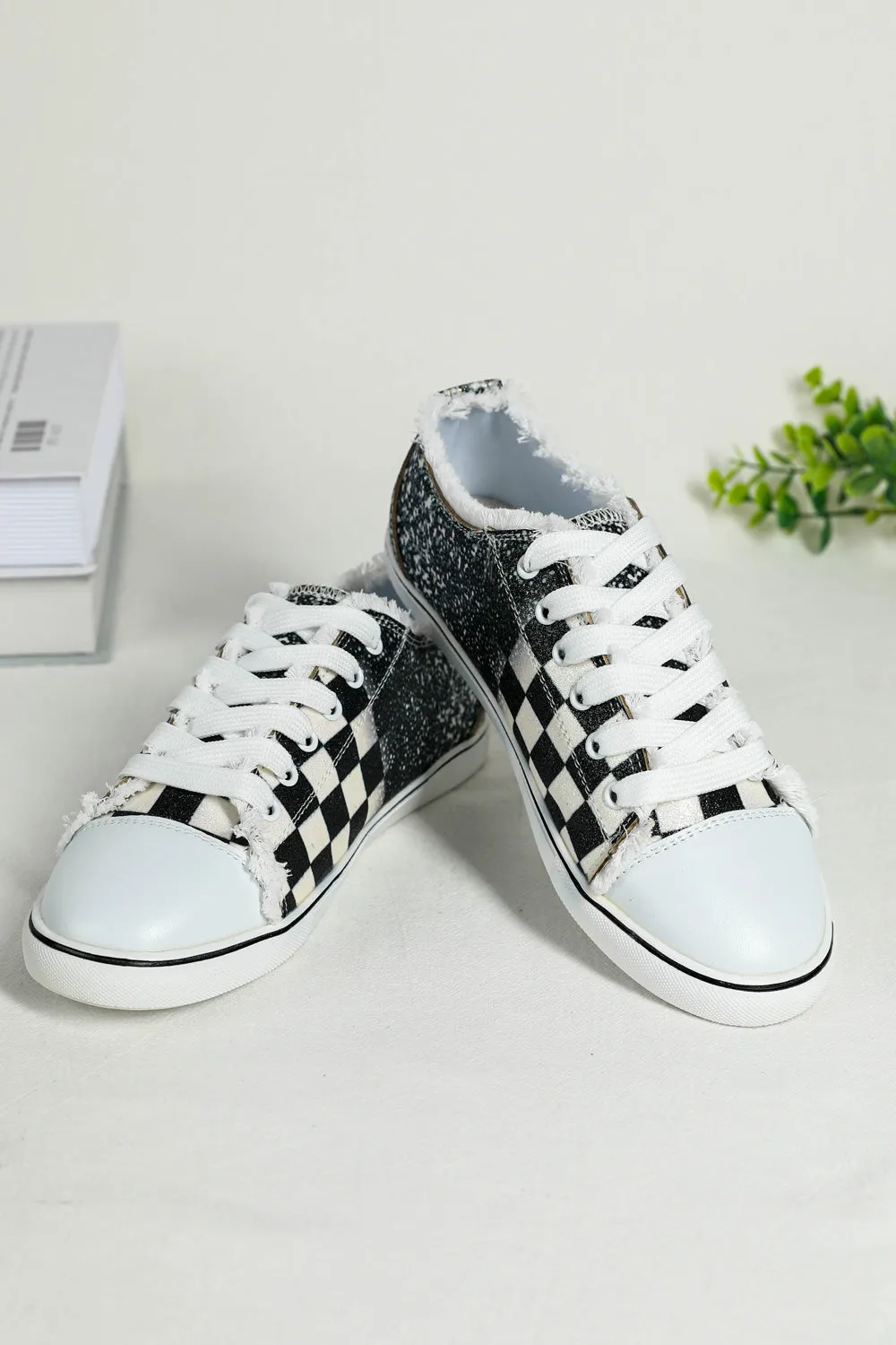 Women’s Canvas Low Top Sneaker Checkerboard Print Canvas Slip on Shoes Black-White