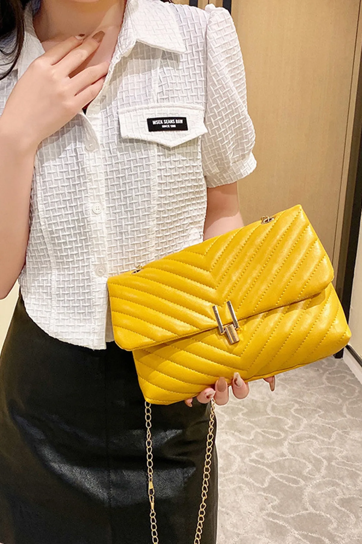 Yellow leather Metallic Bag - A23 - WHB0053